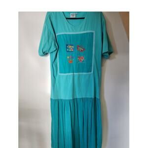 JOHNNY WAS T SHIRT Longline Teal Blue Midi Embroidered Tropical Dress  Sz S
